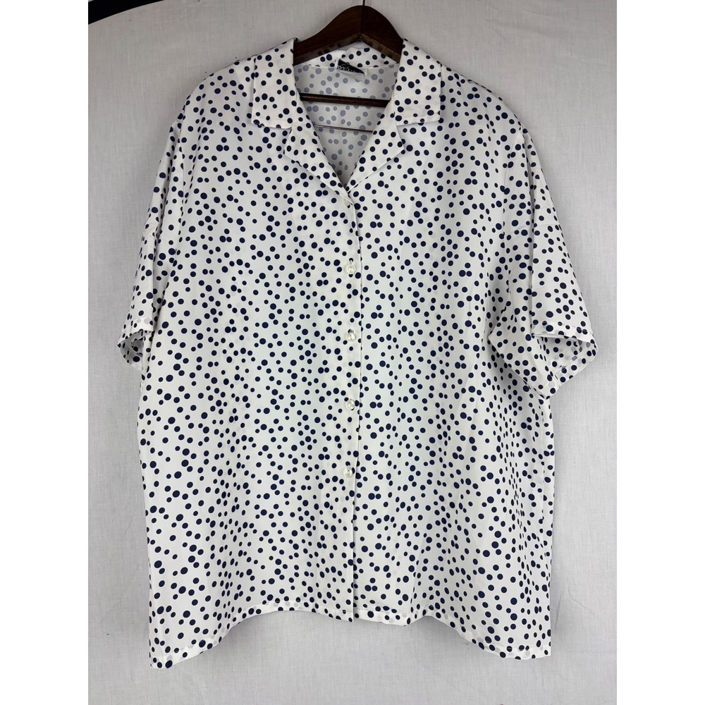 Polka Dot Button Down Short Sleeve Camp Collar Shirt White Navy Blue Blouse - Picture 2 of 13